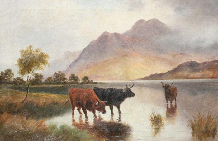 HIGHLAND CATTLE IN A LANDSCAPE: OIL/Canvas,