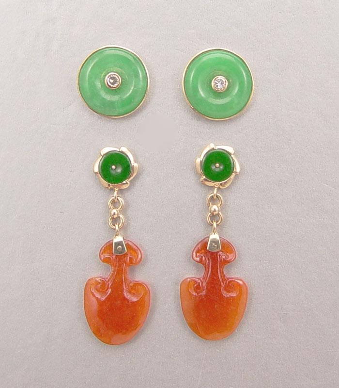 TWO PAIR 14K JADE EARRINGS: 1)