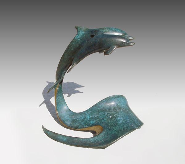 PATINATED BRONZE OF DOLPHINS SIGNED b857e