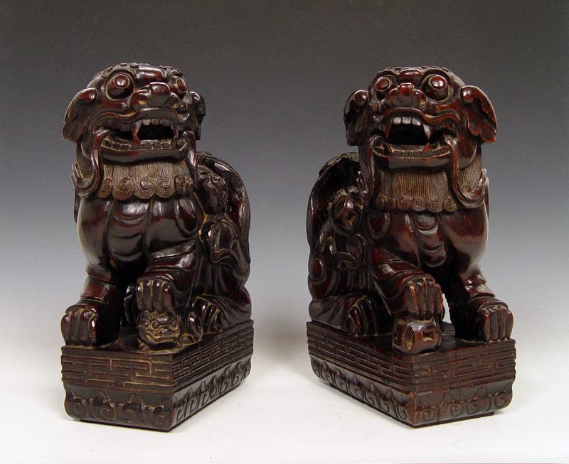 LARGE PAIR CARVED HARD WOOD FOO b8585