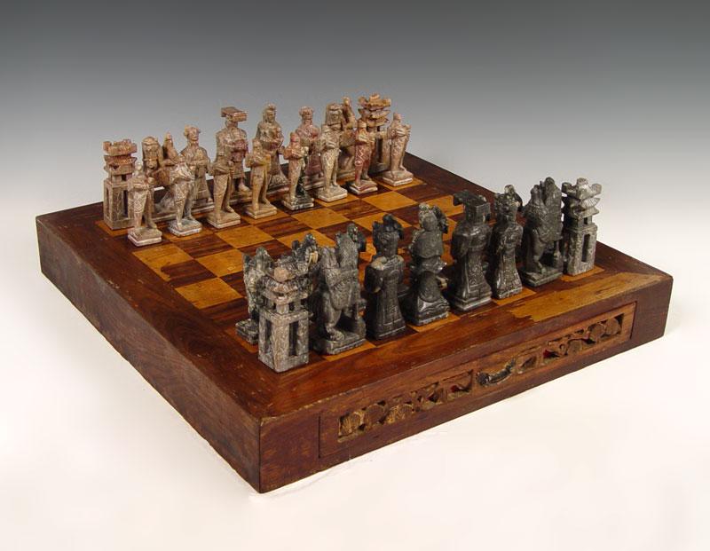 LARGE CHESS BOARD WITH CARVED SOAPSTONE