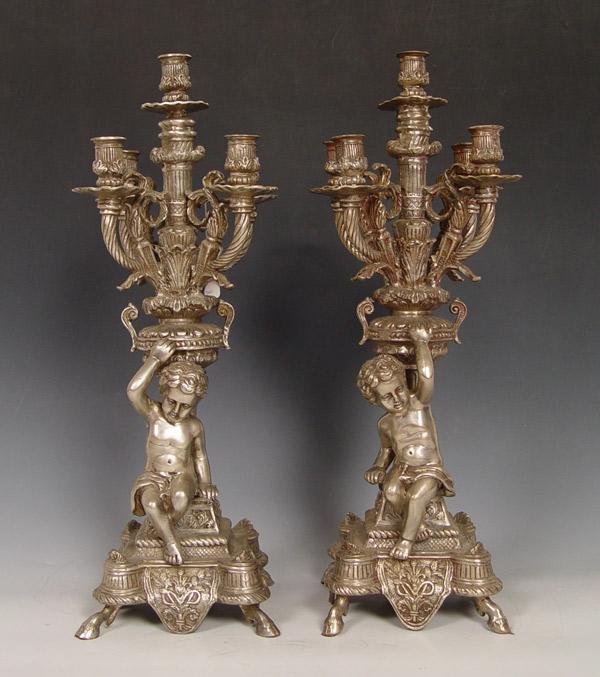 PAIR ORNATE WHITE BRASS CHERUBIC CANDELABRUM: