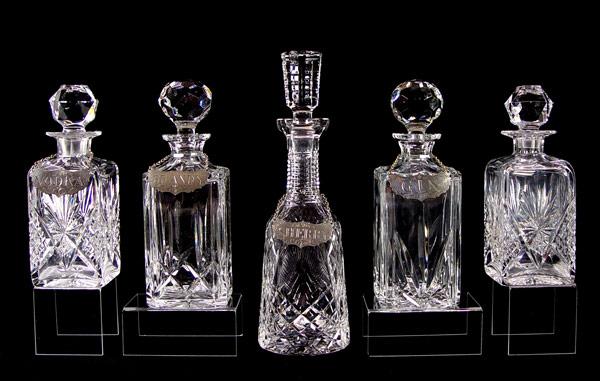 5 FINE CRYSTAL DECANTERS WITH LABELS  b8e9d