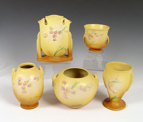 FIVE ROSEVILLE IXIA POTTERY VASES: