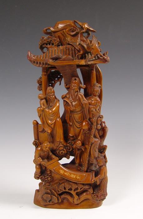 FINE CHINESE WOOD CARVING OF THE THREE