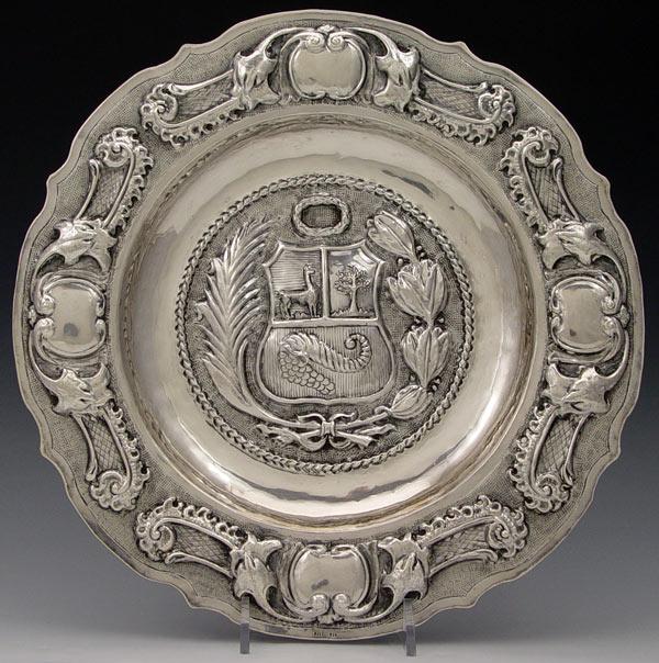 STERLING HERALDIC TRAY: Embossed design