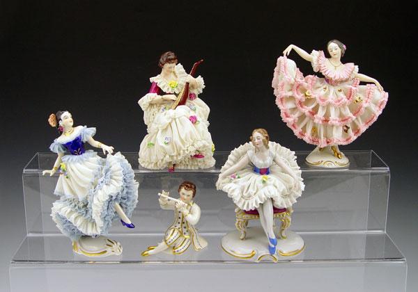 5 DRESDEN PORCELAIN FIGURINES: 4 lacy