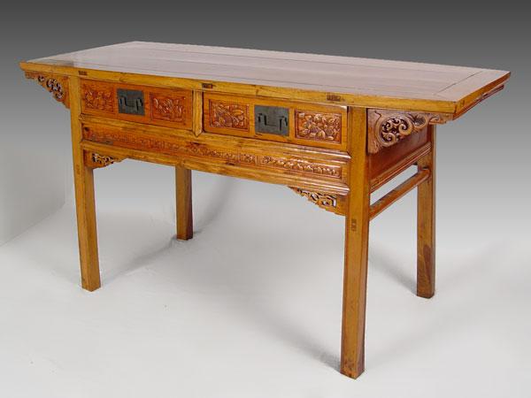CHINESE CARVED ELM 2 DRAWER TABLE  b8fb4