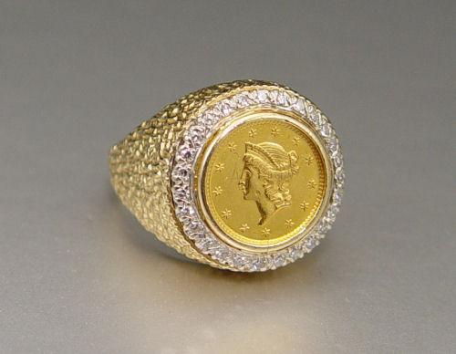 GOLD COIN AND DIAMOND RING: 14K