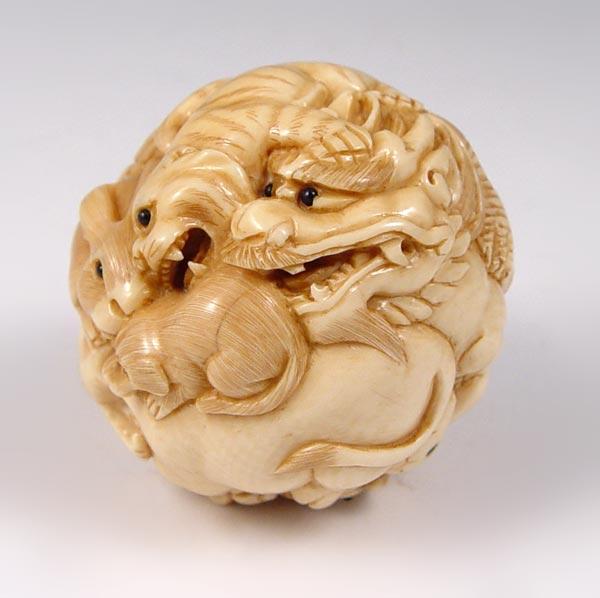 CHINESE CARVED IVORY ZODIAC BALL: