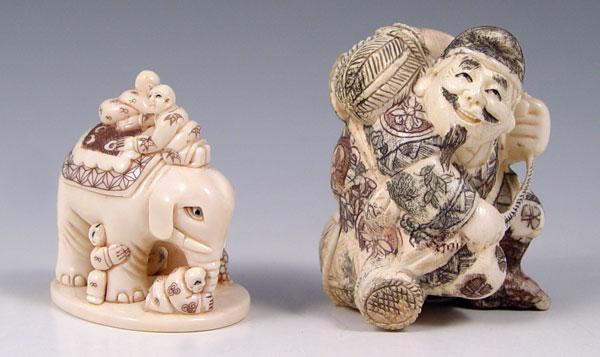 2 CARVED IVORY NETSUKE: 1) Carved