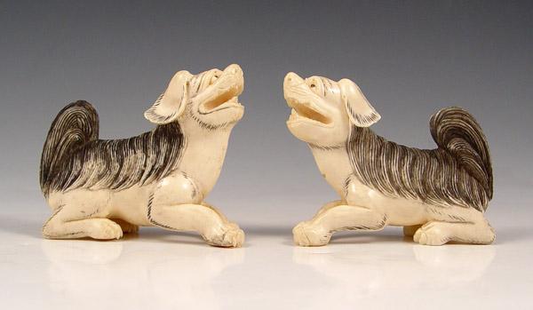 PAIR CHINESE CARVED IVORY FOO DOGS: