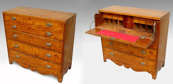 19th C FLAME BIRCH SECRETARY CHEST  b8e29