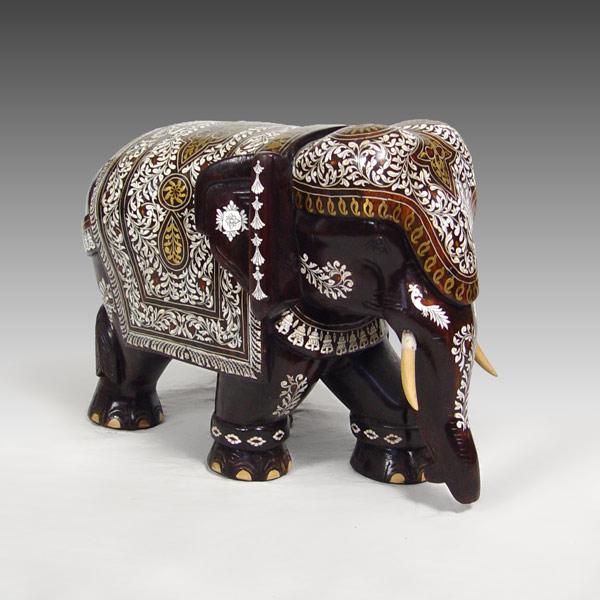 LARGE BONE INLAID MAHOGANY ELEPHANT  b9367