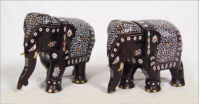 PAIR CARVED BONE INLAID ELEPHANTS: