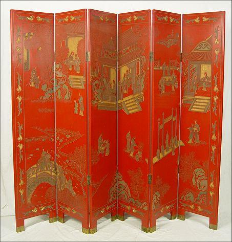 CHINESE RED LACQUER 6 PANEL FOLDING