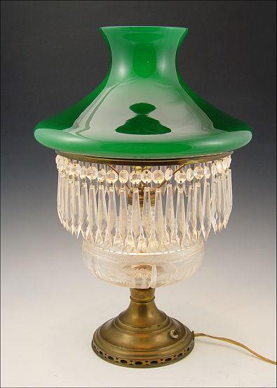 CUT GLASS OIL LAMP WITH CASED GREEN b9458