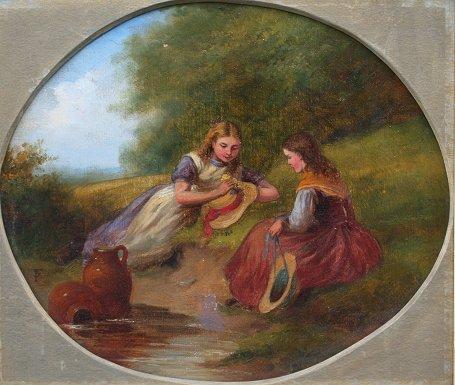 VICTORIAN OIL CANVAS OF GIRLS FETCHING b948e