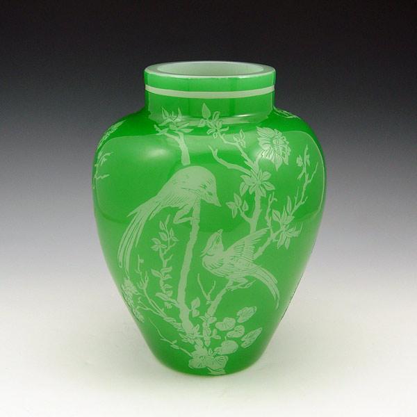 STEUBEN ETCHED JADE OVER ALABASTER