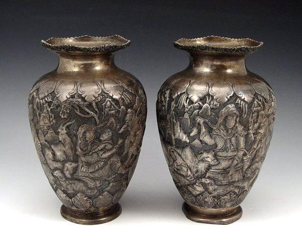 PAIR PERSIAN SILVERED METAL VASES  b91e0