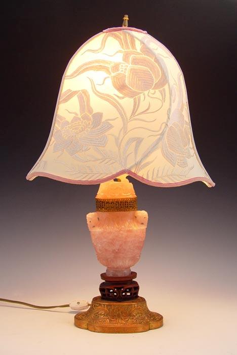 CHINESE CARVED PINK QUARTZ LAMP: