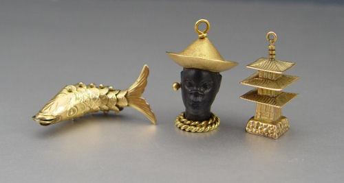 3 GOLD CHARMS: Pagoda, marked K14,