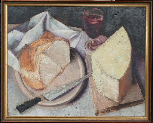 STILL LIFE OF CHEESE BREAD Oil Canvas  b96b6