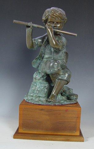 BRONZE CHILD FLUTE PLAYER SCULPTURE  b974a