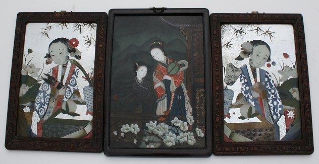 3 ORIENTAL REVERSE PAINTINGS ON