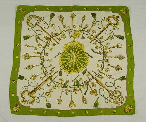 HERMES SILK SCARF: Brass key and