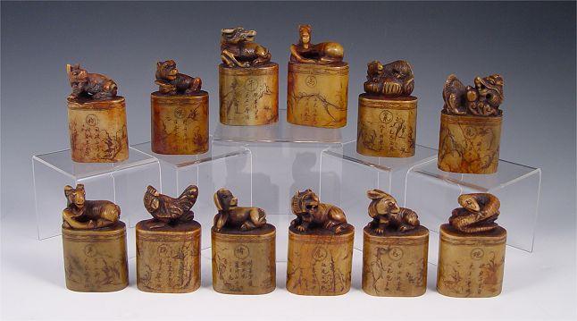 SET OF 12 CHINESE SOAPSTONE CARVINGS  b9aad