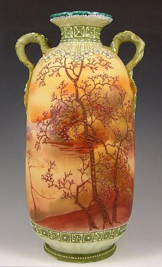 LARGE HAND PAINTED NIPPON VASE: Two