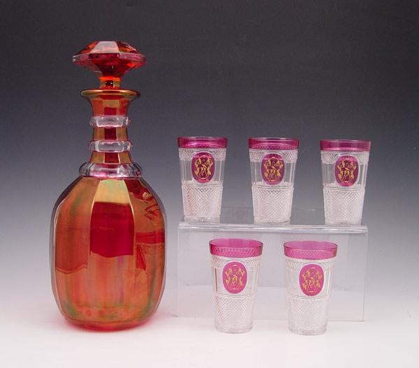 FINE CRANBERRY GLASS DECANTER AND TUMBLERS: