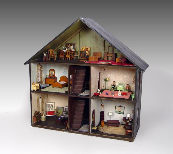 ANTIQUE DOLL HOUSE & FURNITURE: 2 story