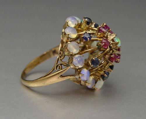 14K HAREM RING WITH OPALS, RUBIES,