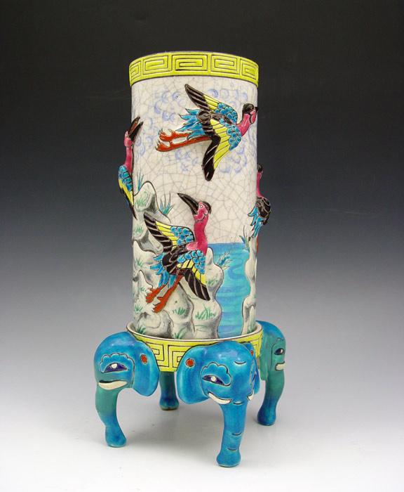 LONGWY FRENCH FAIENCE VASE ON STAND: