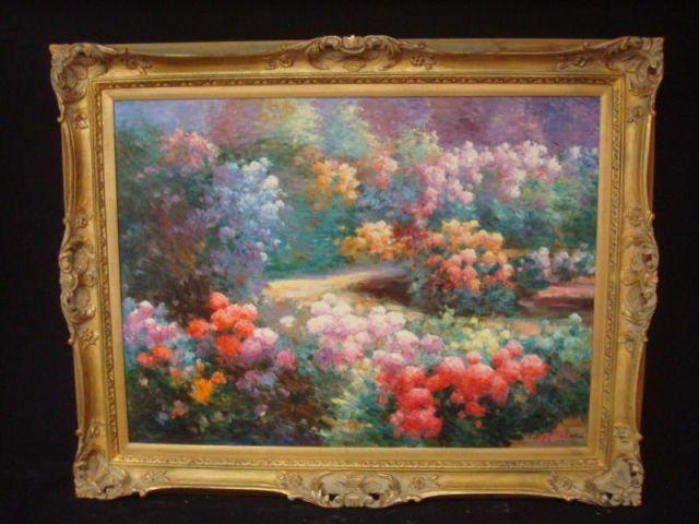 Oil on Canvas of Flowers in a Garden