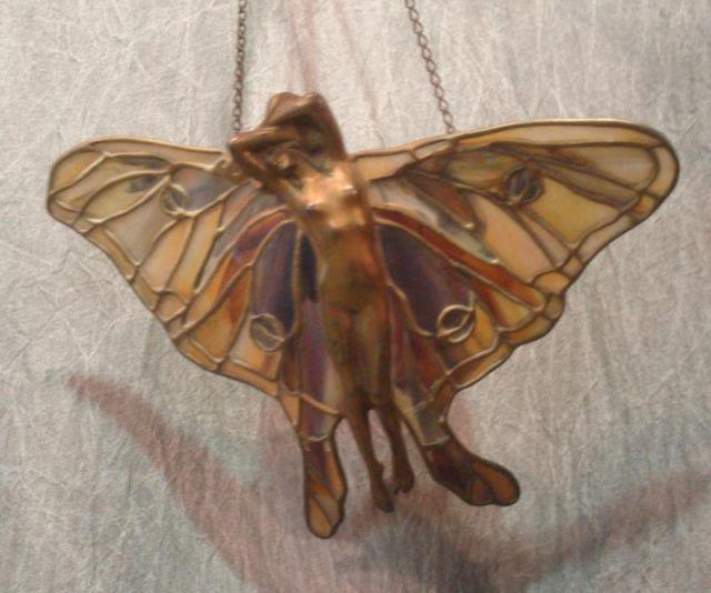 Art Nouveau Leaded Glass Nude Winged