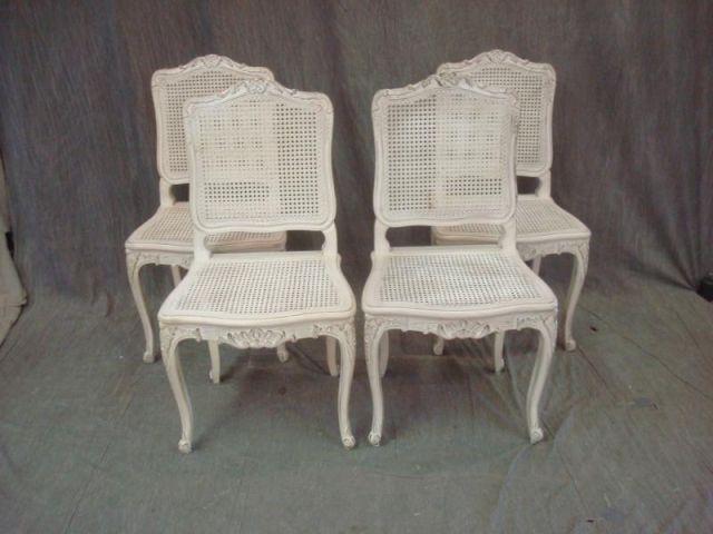 4 French White Cane Dining Chairs. From