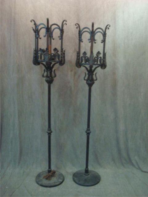 Pair of Black Leaf Form Iron Torchiere