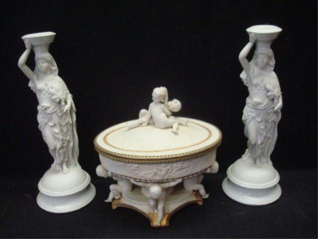 Parian Porcelain: 3 Pieces. Lidded centerpiece