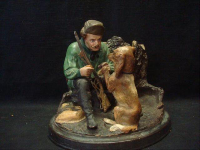 Hunter & Dog By Tree Stump. Poss. Terracotta.