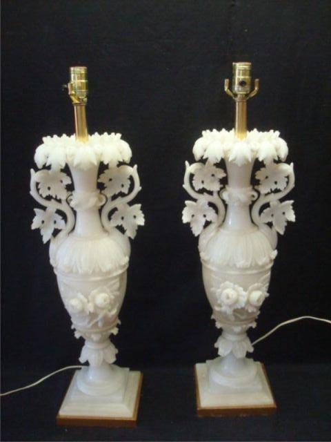 Pair of Ornate Alabaster Urn Form bacf2