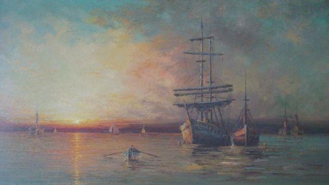 Signed Oil on Canvas Old Sailing Ships