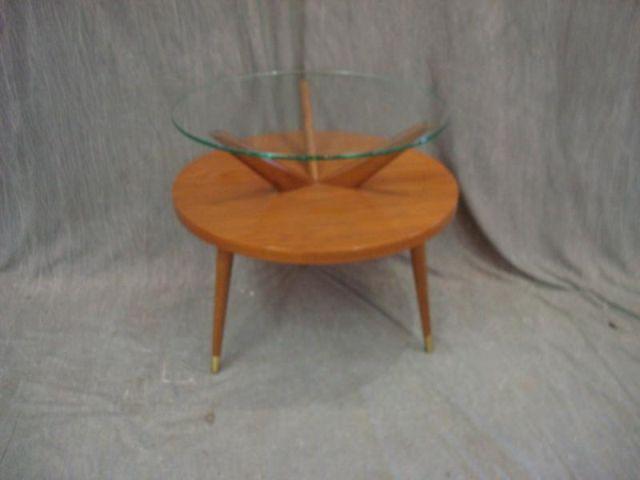 Round Midcentury Wood and Glass 2 Tiered