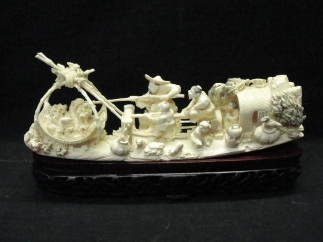 Ivory Carved Fishing Junk on Base. From