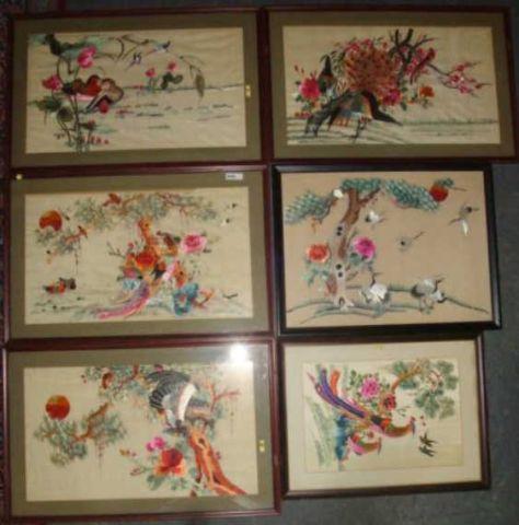 6 Framed Silk Chinese Bird Embroideries  bb54c