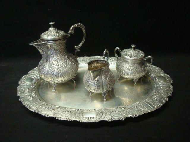 800 Silver Repousse Tea Set. Teapot,