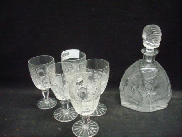 Cut Glass Decanter and 5 Glasses.