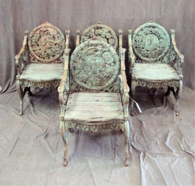 4 Ornate Iron Chairs with Wood
